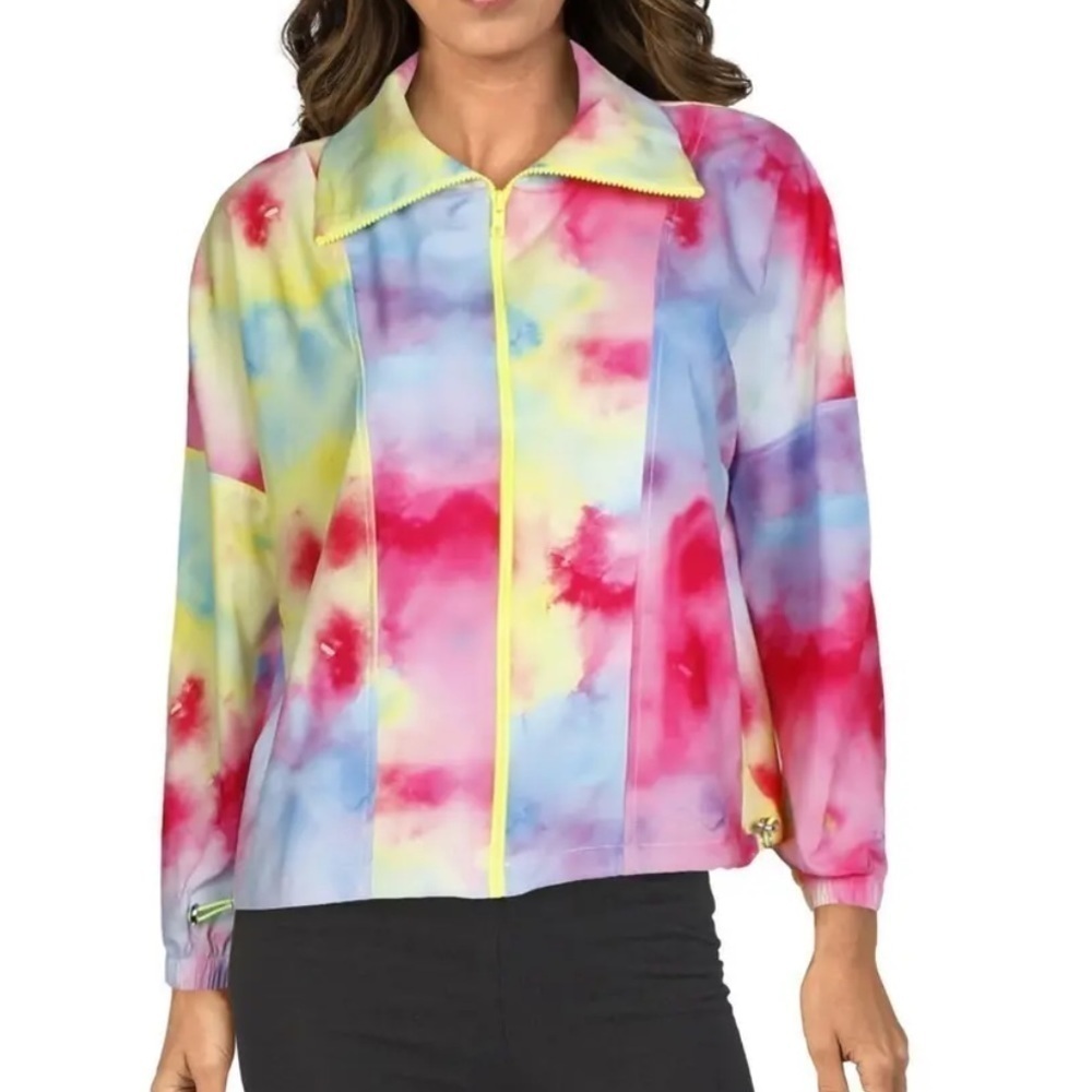 Terez Women's Tie-Dye Print Paneled Full Zip Windbreaker Jacket